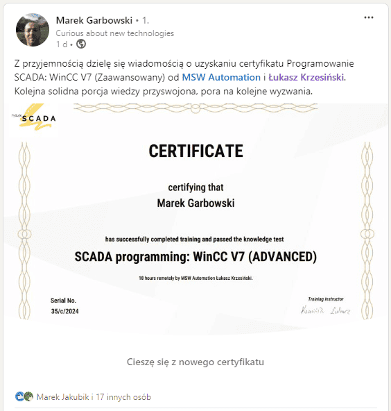 Certyfikat SCADA - Marek Garbowski, post LinkedIn