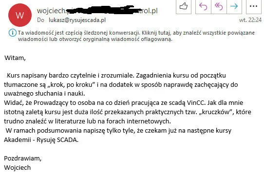 Screen opinii Wojciecha o szkoleniu Rysuje SCADA