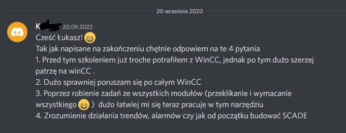 Screen opinii Kristofa o szkoleniu Rysuje SCADA